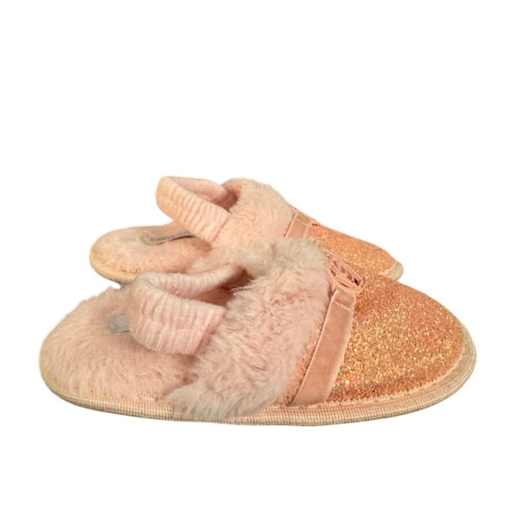 Bebe Girls Pink Glitter Faux Fur Slippers Heart Logo Elastic Strap Size 9/10